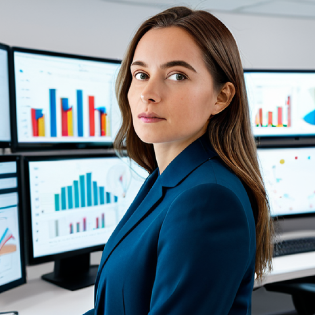 A professional female brand marketer in a modest business suit, fully clothed, standing confidently in a modern, high-tech office environment. She is focused on large, abstract data visualizations and analytical charts displayed across multiple sleek monitors, symbolizing data-driven insights and AI integration. Her expression is thoughtful and strategic, with a natural pose, perfect anatomy, and correct proportions. The image is clean, well-lit, and conveys a sense of innovation. Safe for work, appropriate content, professional dress, well-formed hands, proper finger count, natural body proportions, high quality, professional photography.