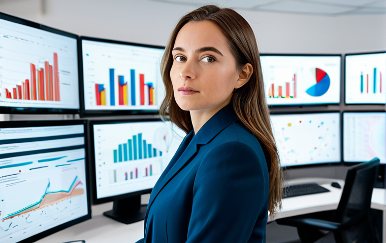 A professional female brand marketer in a modest business suit, fully clothed, standing confidently in a modern, high-tech office environment. She is focused on large, abstract data visualizations and analytical charts displayed across multiple sleek monitors, symbolizing data-driven insights and AI integration. Her expression is thoughtful and strategic, with a natural pose, perfect anatomy, and correct proportions. The image is clean, well-lit, and conveys a sense of innovation. Safe for work, appropriate content, professional dress, well-formed hands, proper finger count, natural body proportions, high quality, professional photography.