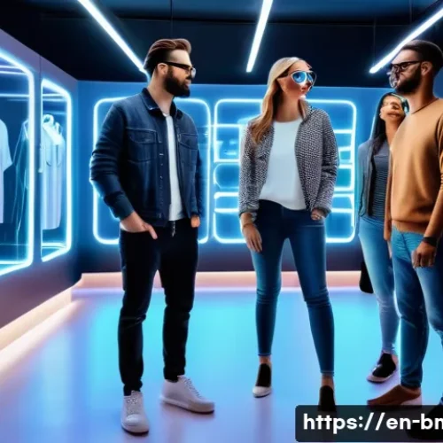 Home 33 브랜드 마케팅의 최신 기술 트렌드 - A futuristic retail environment showcasing augmented reality technology: a diverse group of adults i...