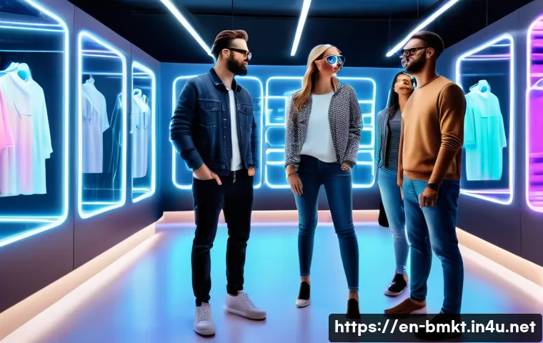브랜드 마케팅의 최신 기술 트렌드 - A futuristic retail environment showcasing augmented reality technology: a diverse group of adults i...