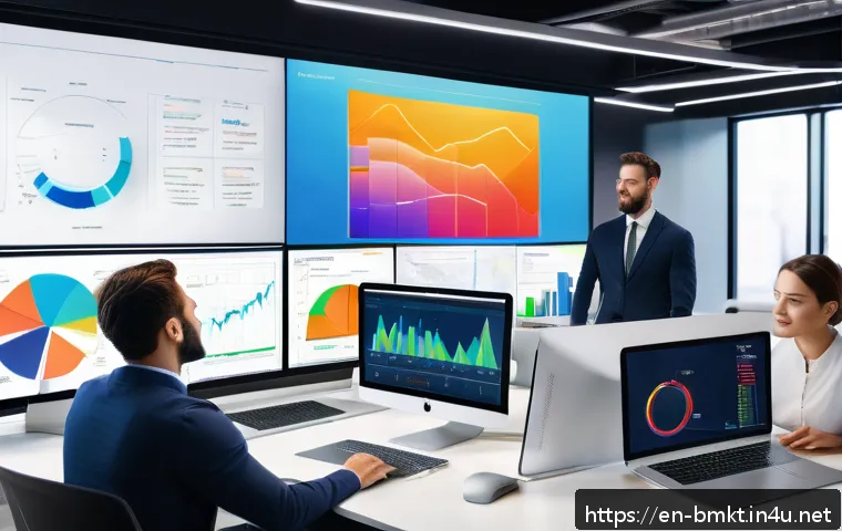 브랜드 마케터의 시장 조사 스킬 - A modern marketing team in a bright, open office space intensely analyzing colorful heat maps and cl...