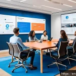 Home 19 브랜드 마케팅과 크로스 채널 전략 - A modern marketing office environment showing a diverse team collaborating on a cross-channel campai...