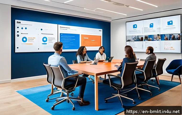 브랜드 마케팅과 크로스 채널 전략 - A modern marketing office environment showing a diverse team collaborating on a cross-channel campai...