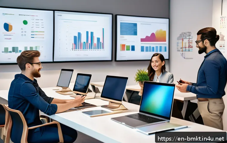 브랜드 마케터의 커리어맵 만들기 - A dynamic office scene showcasing a diverse brand marketing team collaborating around a large table ...